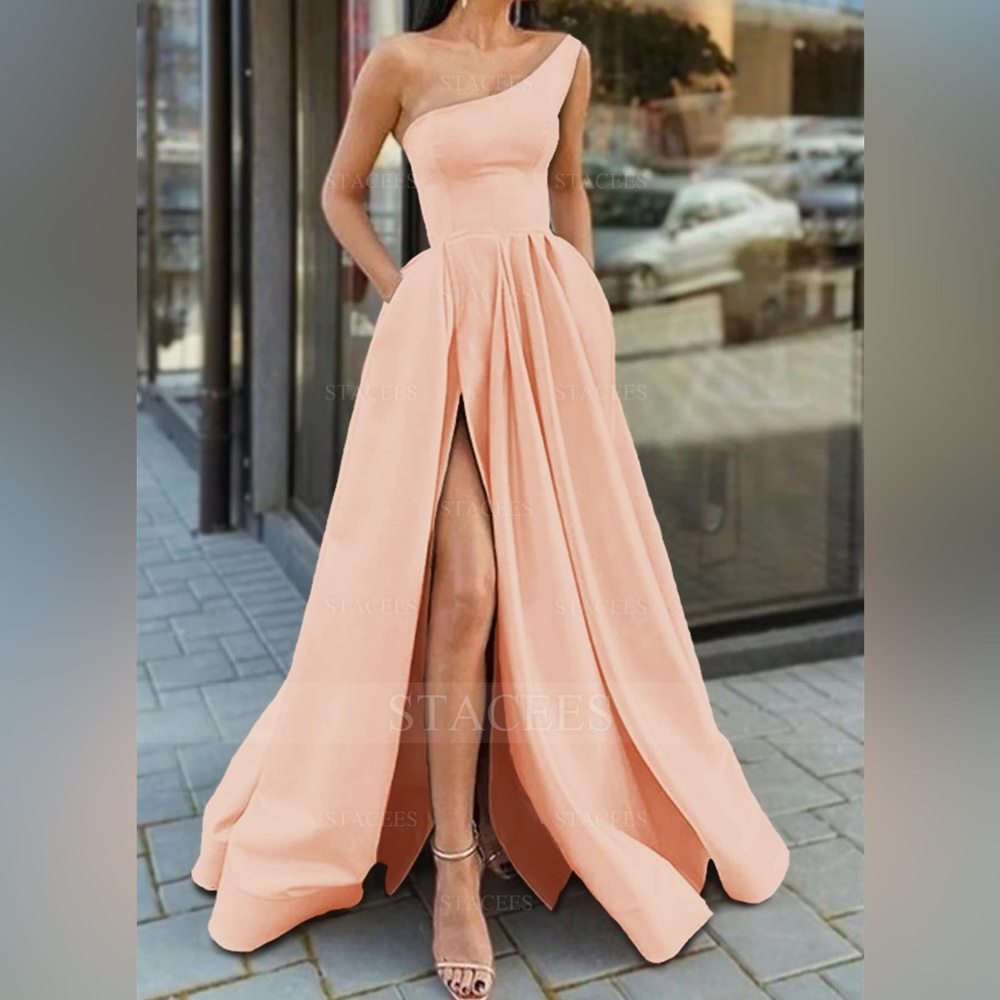 Stacees A-line One Shoulder Floor-Length Satin Prom formal Dress ruffle Split 10